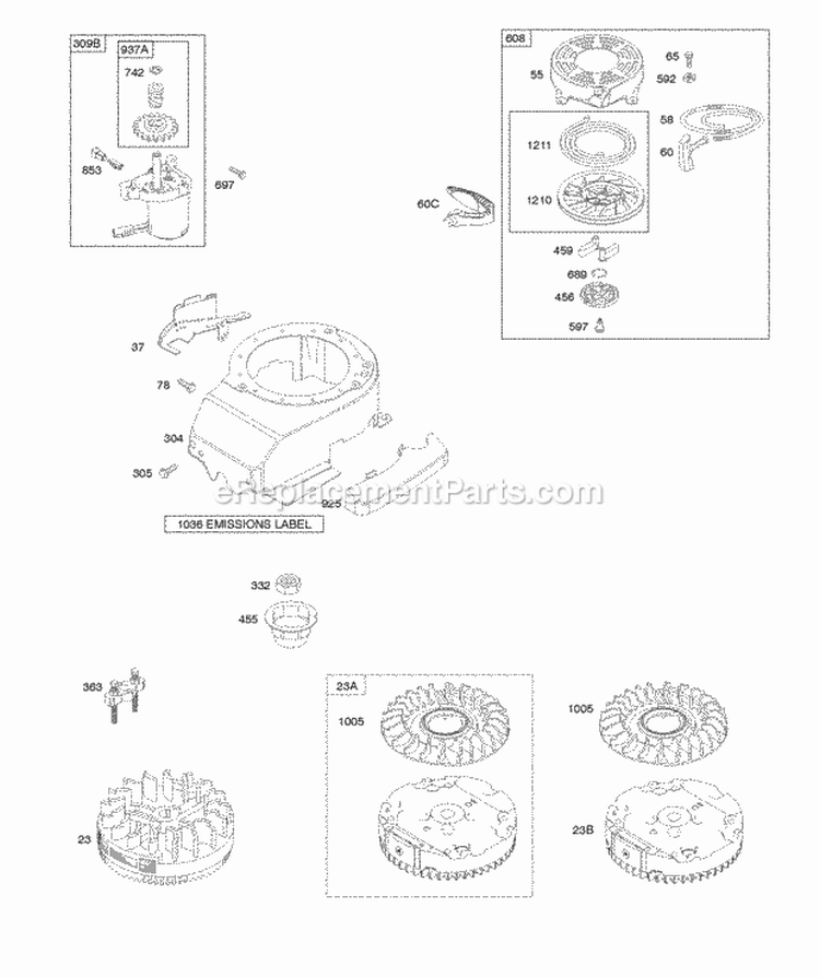 Blower Housing Electric Starter Flywheel Rewind Starter Diagram and Parts List for 128M02-3456-B1  Briggs and Stratton Engine